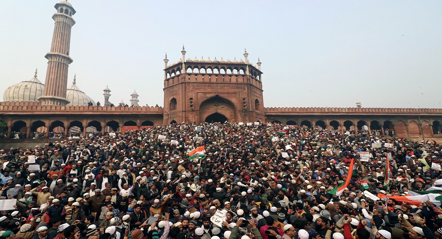 Demonstrators gather at Jama Masjid during their protest against Citizenship Amendment Act 2019